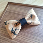 natural cork bow tie with black bird print and black center