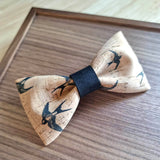 natural cork bow tie with black bird print and black center