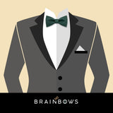 grey suit and dark green bow