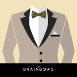 beige suit and olive green bow tie