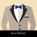beige suit and blue bow tie
