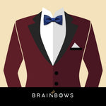 burgundy red suit and navy blue bow tie