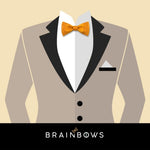 beige suit and yellow bow tie