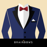 navy blue suit and dark red cork bow tie