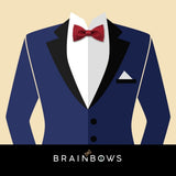 blue suit and burgundy bow tie