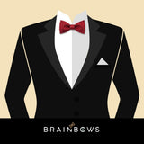 black tux with dark red bow tie