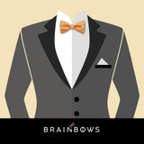 gray suit and natural cork bow tie