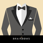 grey suit with black and gold cork bow tie