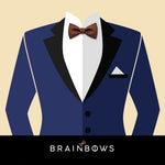 navy blue suit and brown bow tie