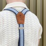 kids suspenders made from recycled jeans and cork fabric