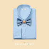 upcycled denim bow tie with cork fabric on light blue shirt