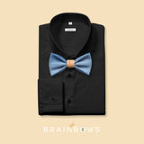 upcycled jeans bow tie on a black dress shirt