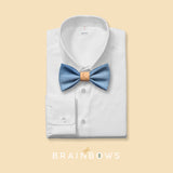 upcycled jeans bow tie with cork on white shirt