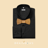 black shirt with bamboo wooden bow tie