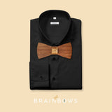 black shirt with walnut wooden bow tie