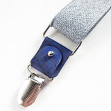 blue cork fabric and recycled jeans braces
