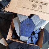 burger box with handmade suspenders in blue
