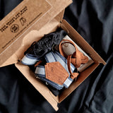 recycled denim braces with cork fabric in a burger box