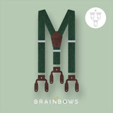 green and brown suspenders made from recycled jeans and cork fabric