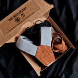 recycled denim braces with cork fabric in a burger box
