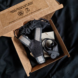 braces made from recycled denim yarn and cork fabric packed in a burger box