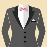grey suit and pink bow tie