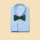 dark green cork bow tie on a light blue dress shirt
