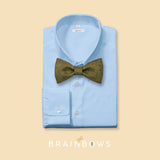 olive green cork bow tie on a light blue dress shirt