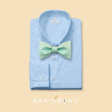 mint cork bow tie on a light blue dress shirt