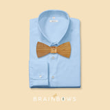 light blue shirt with bamboo wooden bow tie