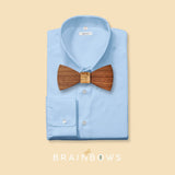 light blue shirt with walnut wooden bow tie