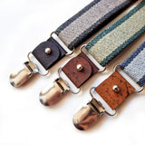 three colours of braces made from recycled jeans and cork