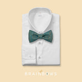 denim blue cork bow tie on a white dress shirt