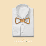 white shirt with bamboo wooden bow tie