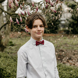 boy wearing dark red bow tie