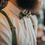 detail of bow tie and suspenders made from cork fabric