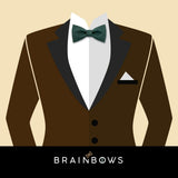 dark brown suit and dark green bow tie