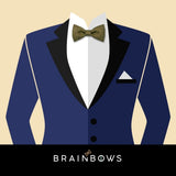 navy blue suit and olive green bow tie made from cork fabric