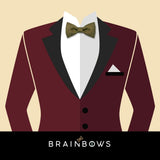 olive green bow tie on a dark red suit