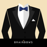 black suit or tuxedo with navy blue bow tie