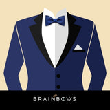 navy blue tuxedo or suit with navy blue cork bow tie