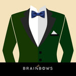 dark green suit and blue bow tie