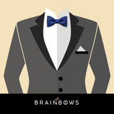 grey suit and navy blue bow tie