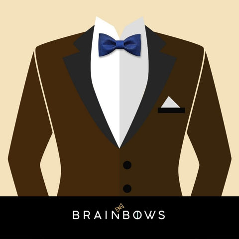 brown tuxedo with blue bow tie