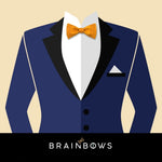 navy blue suit and yellow cork bow tie