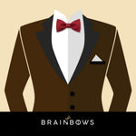 brown suit and dark red bow tie