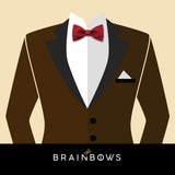 brown suit and dark red bow tie