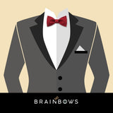grey suit with dark red bow tie