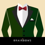 green suit and dark red bow tie