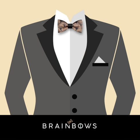 grey suit and art deco cork bow tie